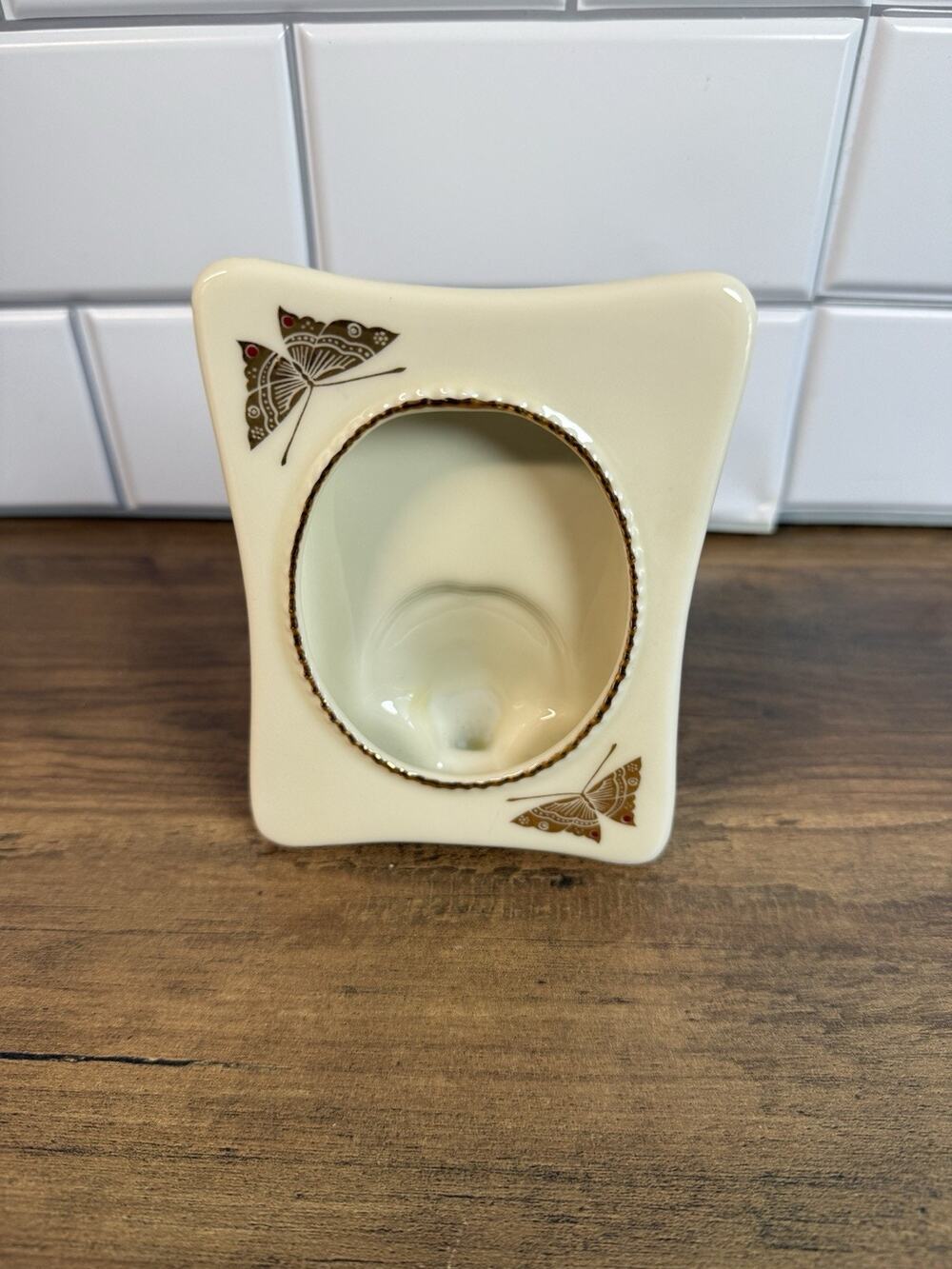 Vintage Porcelain One Piece Photo Frame White Gold Iris Butterfly 3x4”